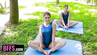 Gymnast Katie Kush and Kenzie Madison are stretching on a big cock in a taboo role play