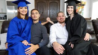 Step dad taught his step daughters Hazel Heart and Remi Jones to fuck for graduation