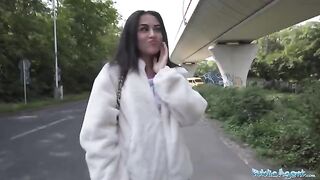 Petite brunette nearly gets hit by a taxi, then gets fucked by Public Agent