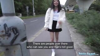 Petite brunette nearly gets hit by a taxi, then gets fucked by Public Agent