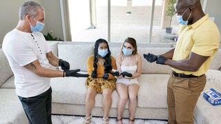 Two step-daughters get their pussies washed and fucked by their daddies in a taboo swap