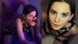 A hot brunette girl in a harness fucks on my dick and cums on her face