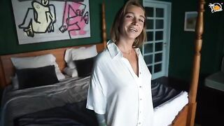 Blonde cougar gets her pussy smashed by a huge toy in the hotel room