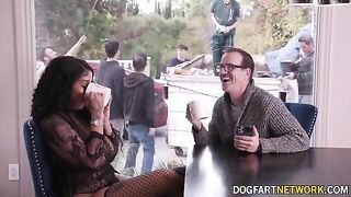 Ebony babe Paris The Muse gets her mouth used by 10 guys in a wild bukkake scene