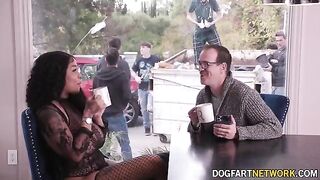 Ebony babe Paris The Muse gets her mouth used by 10 guys in a wild bukkake scene