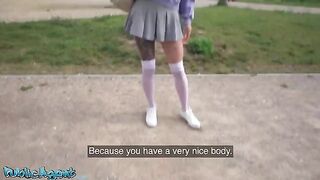 College student with sexy slender body gets fucked outdoors for money by stranger