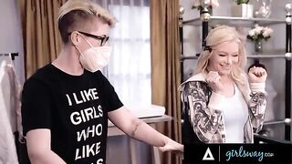 Scissoring passion with Asian Ember Snow and a blonde hottie