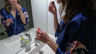 French beauty with big boobs gets banged in the bathroom in the morning