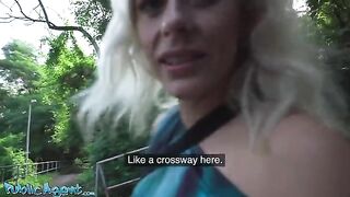 A blonde MILF with natural tits gets fucked outdoors by the public agent