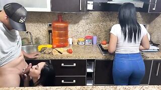 Beautiful 18-year-old step-daughters cook and have sex in the kitchen