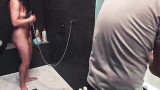 A guy gets his cock sucked in the shower, but not finished