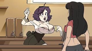 The girl is the barista in the coffee shop, embodying Bombshell Barista 2