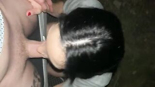A quickie blowjob session with a stunning babe in an outdoor spot, captured up close