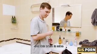 The girl brushed her teeth and called the stepbrother to do the same