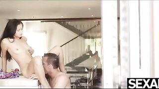 Skinny Latina fucked on the kitchen table in doggy style