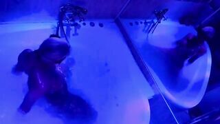 Blonde wanking with toys in the bathroom, big cock coming