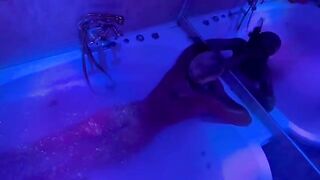 Blonde wanking with toys in the bathroom, big cock coming