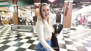 The hot blonde is fucking in the shopping mall toilet for money