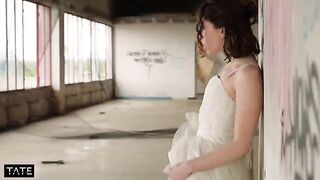 A tiny redhead gets a messy facial from a stranger in an abandoned place during her wedding
