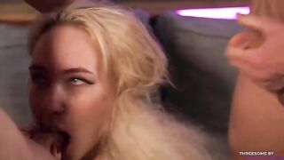 Girl has two guys, she sucks their huge cocks with her mouth full in a hot scene