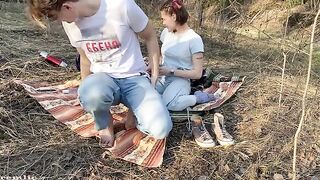 A beautiful girl went camping, but she is not alone