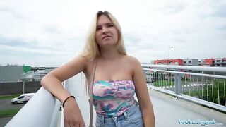 Public Agent Irina Cage flashes her juicy body on the bridge for cash