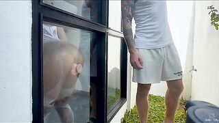 A hot blonde babe gives a deep blowjob and fucks with her neighbor