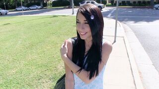 Petite teen slut Mia Hurley shows her tits for money and fucks outdoors