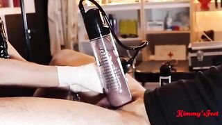 The guy used a cock pump and experienced an intense orgasm with cum shooting everywhere