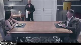 The swinger couple is having dinner with a special guest