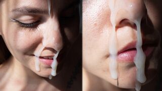 A girl in doggy style gets a huge cumshot on her face in POV