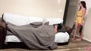 Horny wife fucked by her husband and his friend on the couch