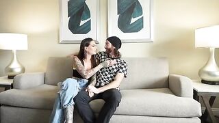 A stunning brunette babe gets her boyfriend's huge cock sucked by two gorgeous sluts in an intense double BJ session