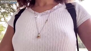 Public masturbation and hard orgasm on the beach with a stranger watching