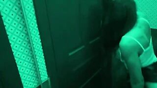 A hot chick is having fun with her roommate in the toilet bar