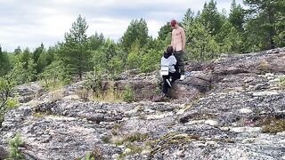 A hot chick is fucking on the stone in a romantic outdoor scene