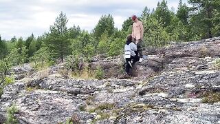 A hot chick is fucking on the stone in a romantic outdoor scene