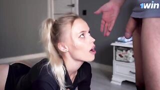 A stepmom saw her stepson’s cock and wanted to suck it, cum on her pink pussy