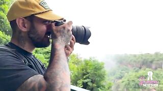 A hot waterfall makes the couple forget their troubles and just enjoy the moment