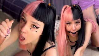 The hot emo girl was gagging on cock and getting fucked with a knot in her mouth