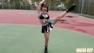Cheerleader girl has sex with boyfriend on the street and swallows his cum