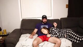 A stepmom fucks her stepson on the couch and swallows the cum