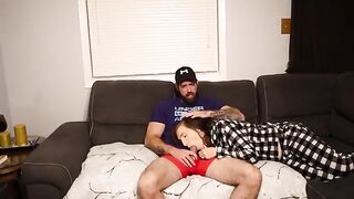 A stepmom fucks her stepson on the couch and swallows the cum