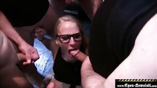 Blonde amateur Lara Cumkitten gets her pussy filled with cum by many cocks