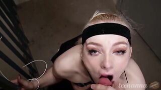 A cute girl with a sharp tongue plays with a guy’s cock outside