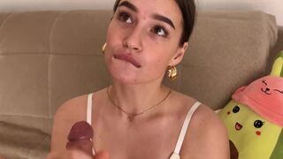 The promised gentle blowjob turned into a hot mess with cum on tits