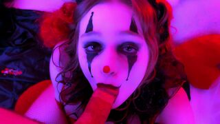 A kinky clown makes a blowjob and facial with intense eye contact
