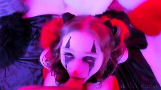 A kinky clown makes a blowjob and facial with intense eye contact