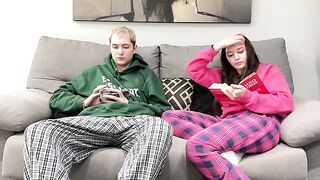 Pervert stepbrother masturbates next to his stepsister, who gives him a handjob