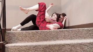 The stepsister was caught and fucked on the stairs hard
